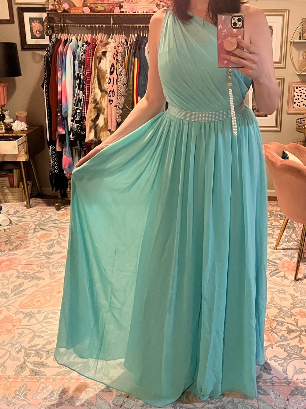 JJs House Aqua One-Shoulder Maxi Gown